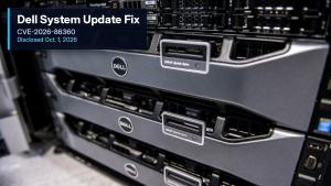 Dell PowerEdge servers with a critical system fix text plate. Photo: Dell Inc., via Wikimedia Commons, CC BY-SA 2.0. Cropped with a text plate added.